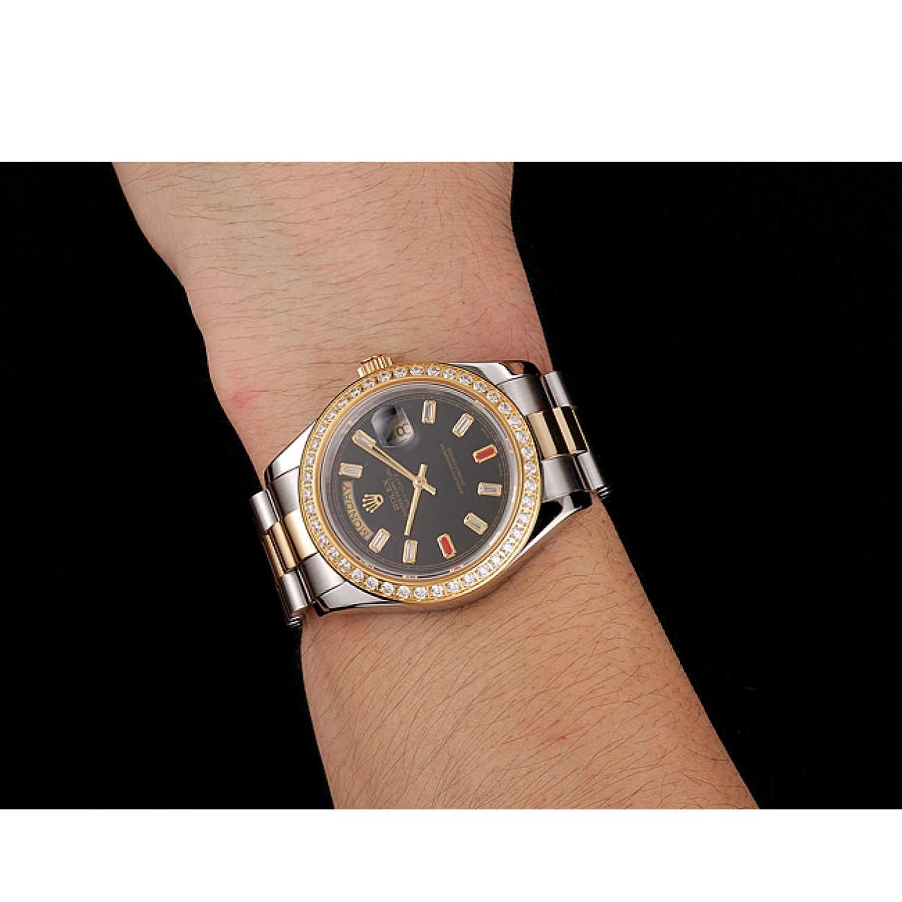 Aaa replica watch And 1454105 Two Bracelet Swiss Tone Rubies Dial Rolex Day-Date Diamonds Black 0814
